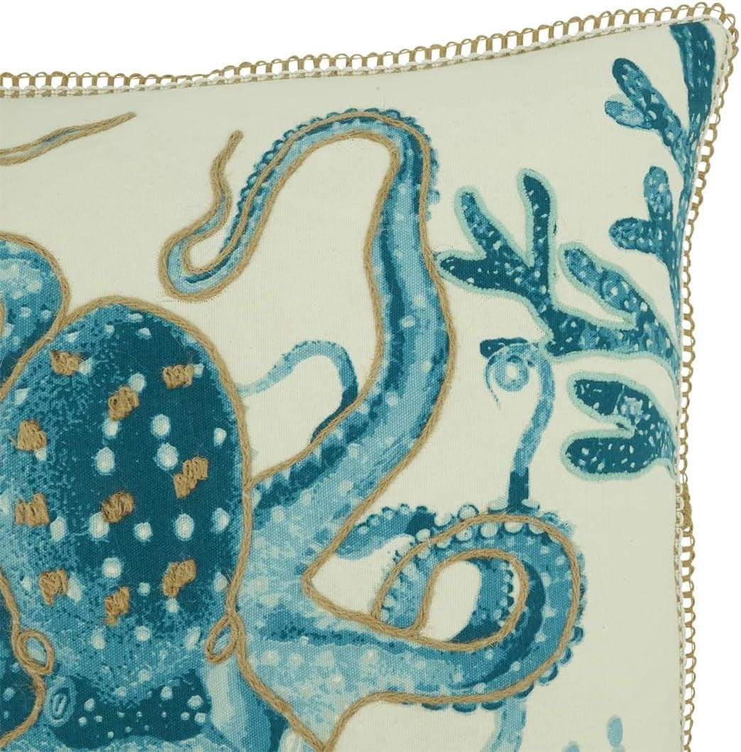 Fennco Styles Sea Animals Octopus Cotton Decorative Throw Pillow Cover 20" W x 20" L – Aqua Nautical Sea Creatures Cushion Case for Couch, Sofa, Bedroom, Office and Living Room Décor