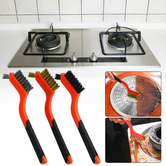 Wire Brushes for Cleaning,Double-Headed Two-Color Cooktop Steel Wire Brush Three-Piece Set Stainless Steel Rubber-Coated Cleaning Brush 3Pcs Copper Wire Nylon Wire Rust Removal Brush