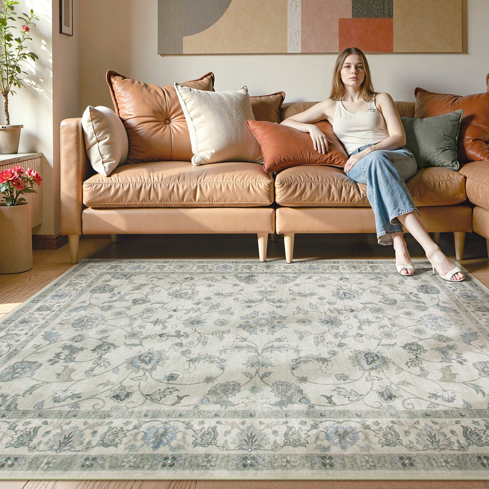 Lahome Decor Floral Area Rug 5x7, Machine Washable Rugs for Entryway, Non Slip Rug with Vintage Printed, Low Pile Carpet for Living Room Kitchen Bedroom Home, Grey-Beige