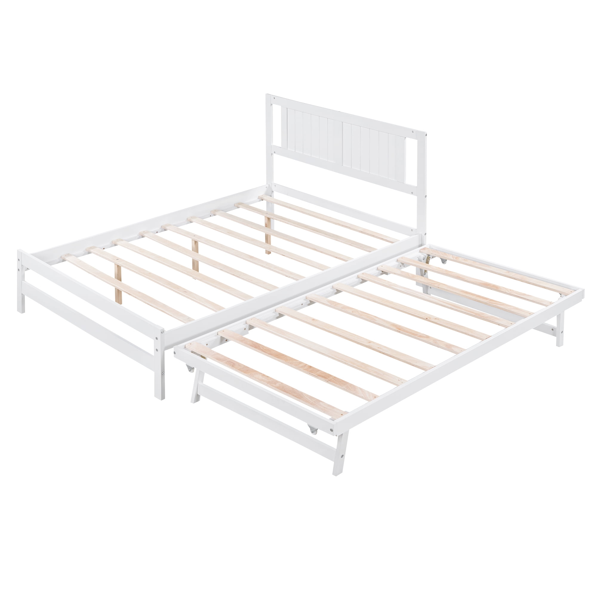 Aukfa Full Size Platform Bed with Trundle - Solid Wood Bed Frame for Kids Guests Bedroom - White