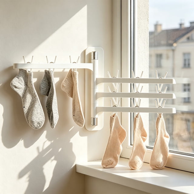 Oefntac Rotatable Foldable Drying Rack Multifunctional Hanger Multiple Clips Underwear Sock Wall Mounted No Drill