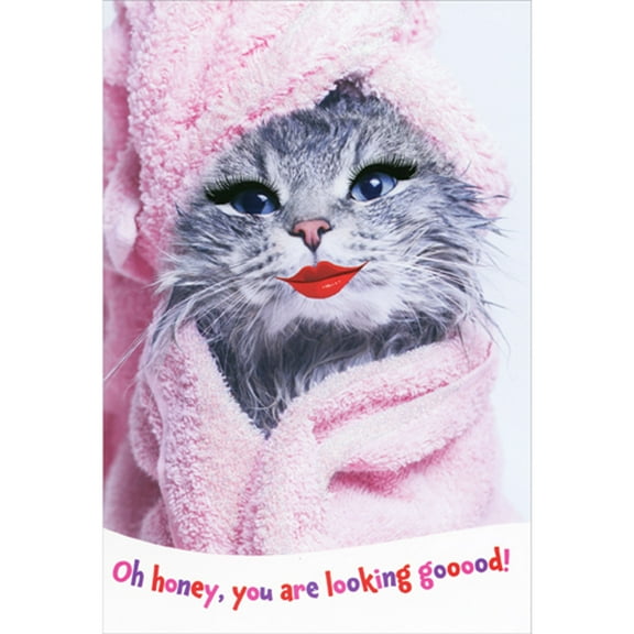 Pictura Glamorous Cat In Sparkling Pink Robe Feminine Funny Birthday Card for Her, Woman