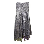 Mogul Womens Purple Vintage Silk Sari Dress Two Layer Printed Maxi Skirts