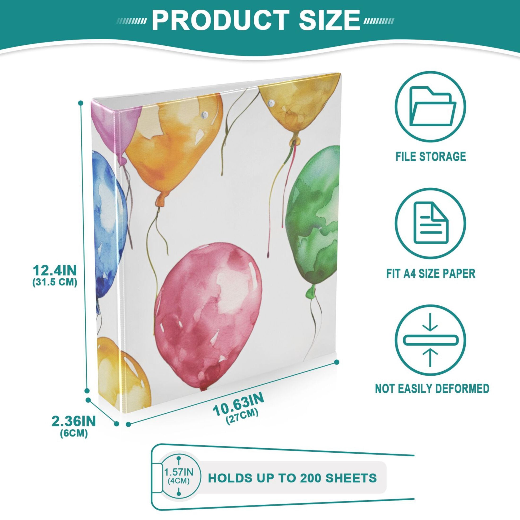 Balloons 3 Ring Binders 1.5 inch Hardcover File Folders with Interior Pockets A4 Size Organizer for School Office Hospital