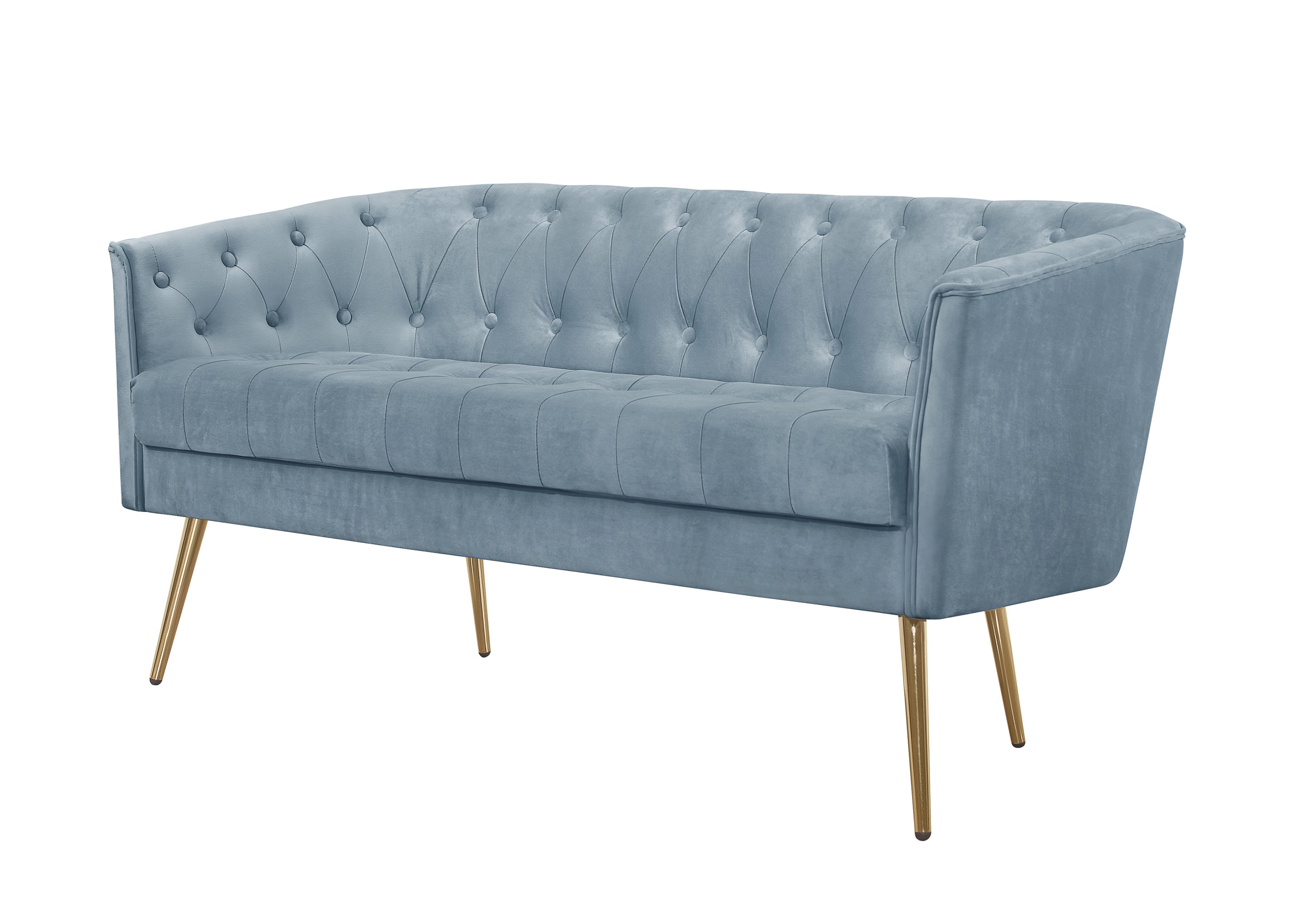 Home Design Cassy Velvet Flared Arm Loveseat with Coffee Table, Gold Metal Legs and Modern Accent Seating