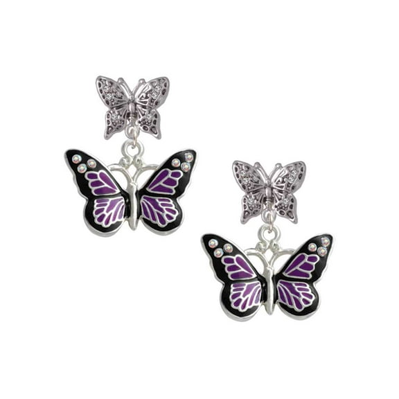 Delight Jewelry Silvertone Large Purple Butterfly with 6 AB Crystals Silvertone Antiqued Butterfly Post Earrings