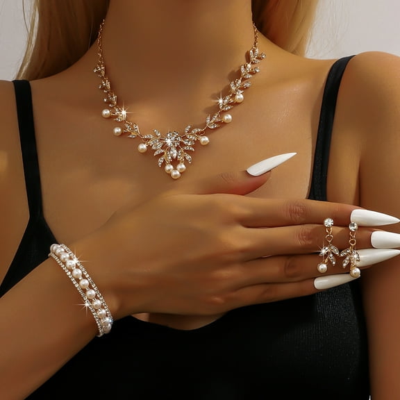 Faty-T Luxury Cubic Zirconia Crystal Pearl Floral Necklace Dangle Earrings Wedding Bridal Jewelry Set Birthday Gifts for Her