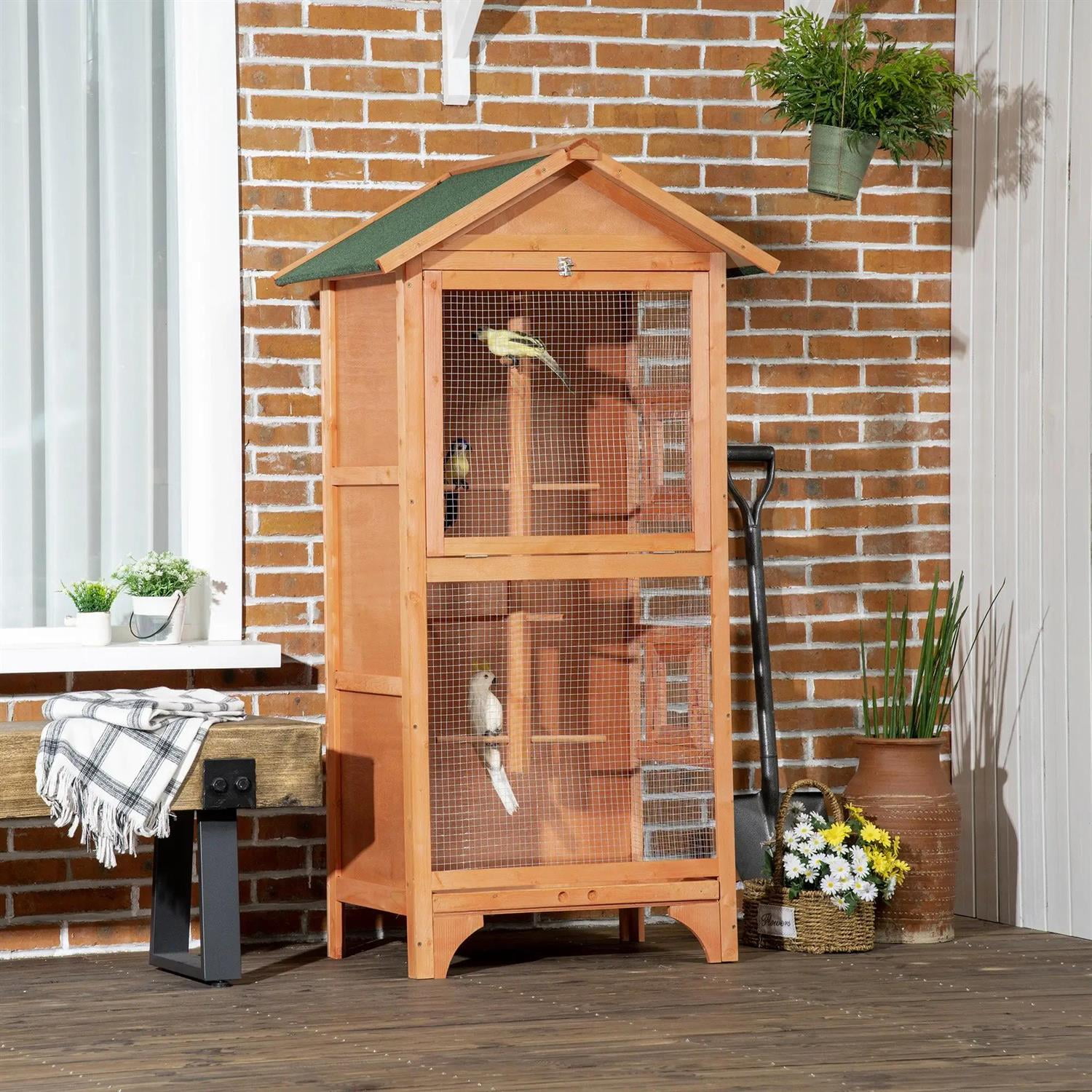 Pefilos Outdoor Bird Aviary, 60" Wooden Birdcage with Removable Bottom Tray and 4 Perch, Ideal for Finches, Parakeet, Orange