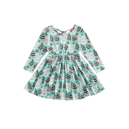 

Bslissey Toddler Baby Girls Easter Dress Cute BunnyEgg Print Long Sleeve Pleated Princess Dress 6M 9M 12M 18M 24M 3T Infant Sweet Casual A-line Dress for Daily Party