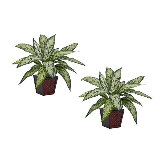 Nearly Natural 12" Plastic Silver Queen Artificial Plant (Set of 2), Green