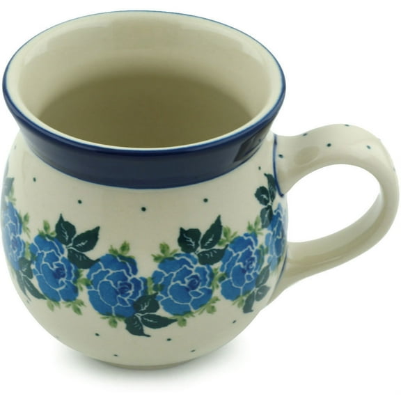Polish Pottery Bubble Mug 16 oz Polmedia Blue Rose Theme Hand Painted in Boleslawiec, Poland   Certificate of Authenticity