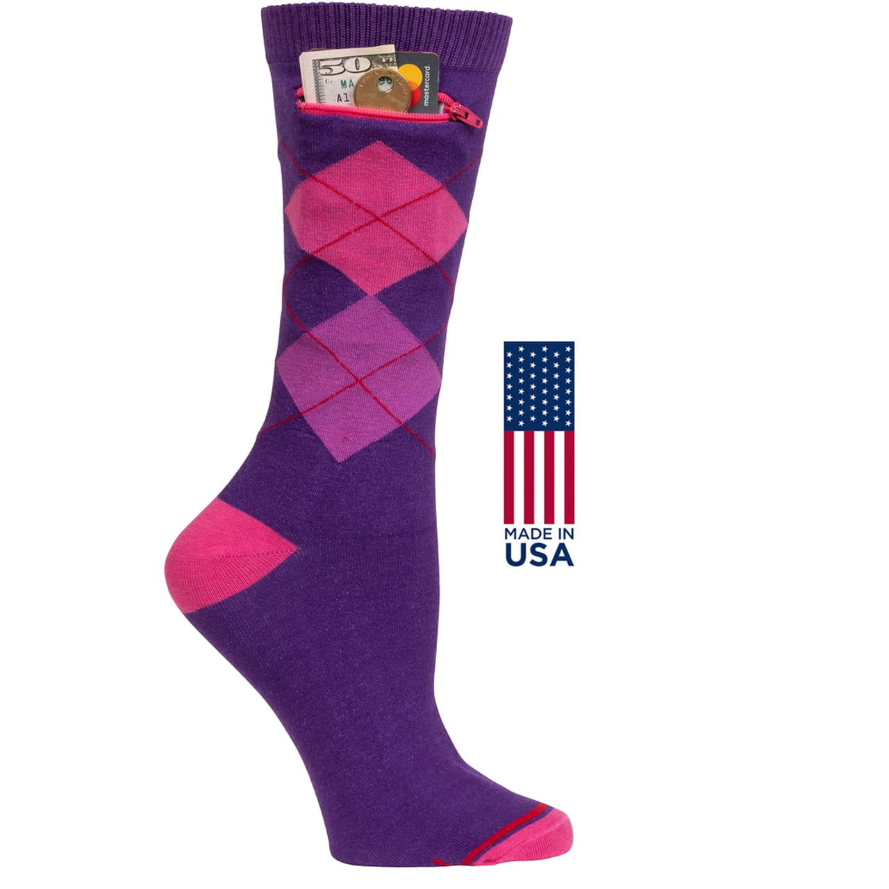 Pocket Socks Womens Fashion Crew Argyle Purple & Pink with Security Zip