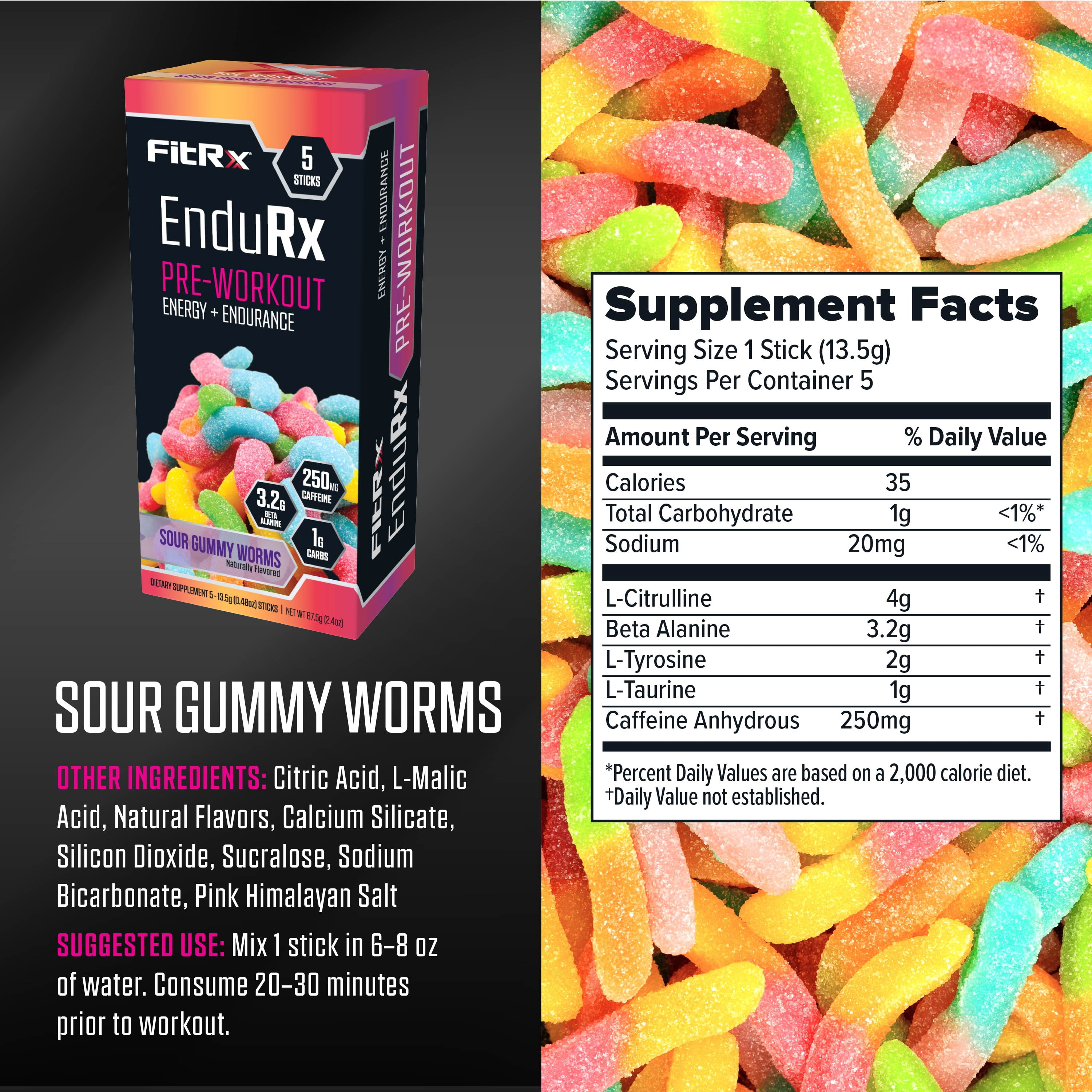 FitRx EnduRx Sour Gummy Worm Pre-Workout Powder – 5 Packets, 250mg
