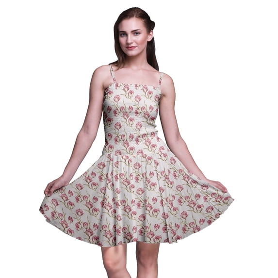 Bimba Floral Women Smocked Above Knee Cocktail Dress Flowy Summer Sun Dress-Large