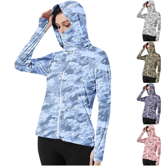Kmdttou Summer Sunscreen Coat for Women New Gradient Color Long Sleeve Hooded Thumb Buckle Sun Protection Clothing