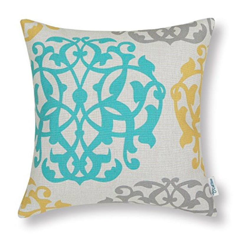 CaliTime Canvas Throw Pillow Cover Case for Couch Sofa Home Decor Floral Compass Leaves Medallion 18 X 18 Inches Teal 