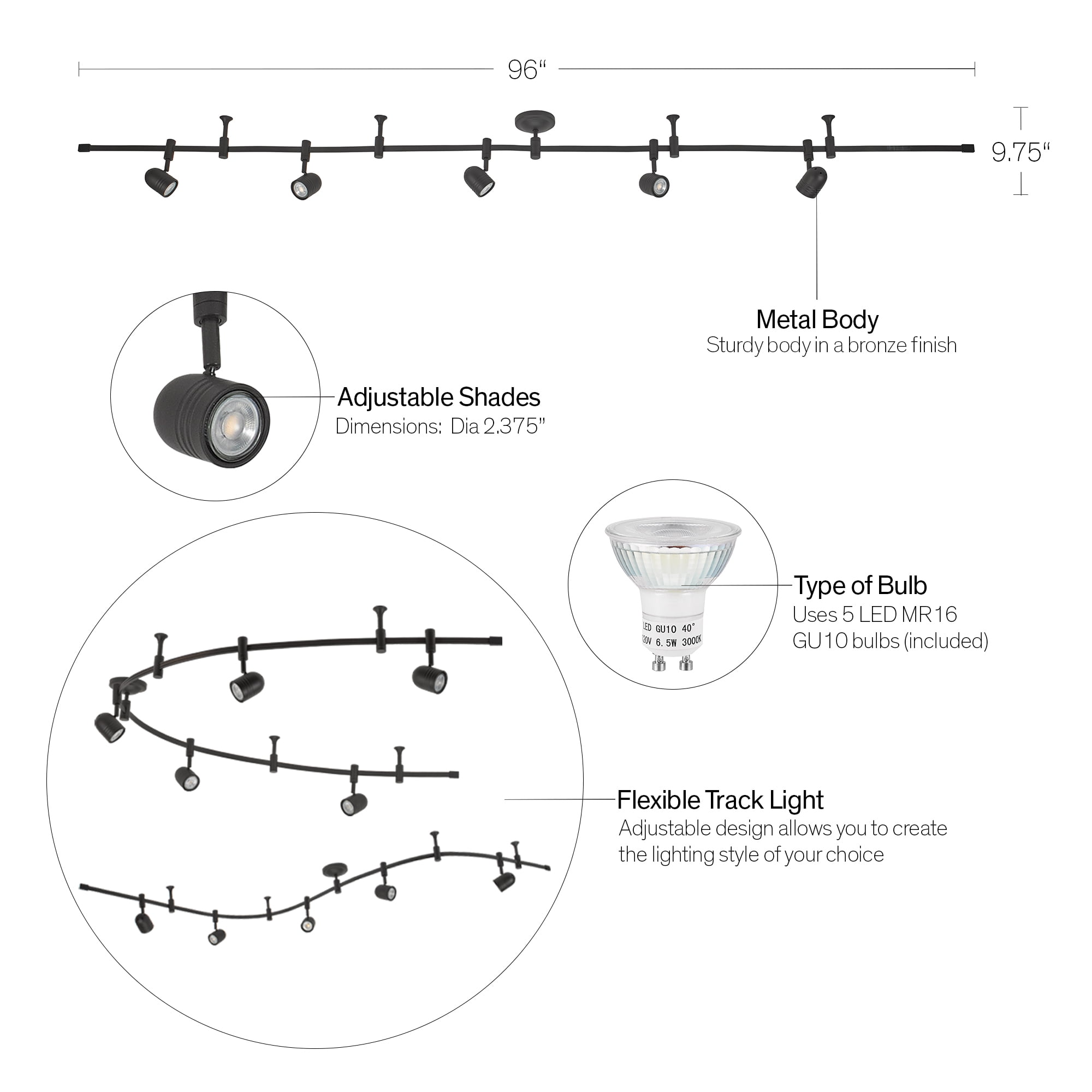 Cresswell Lighting 5-Light Flex Track Kit with Metal Shades, Bronze Finish