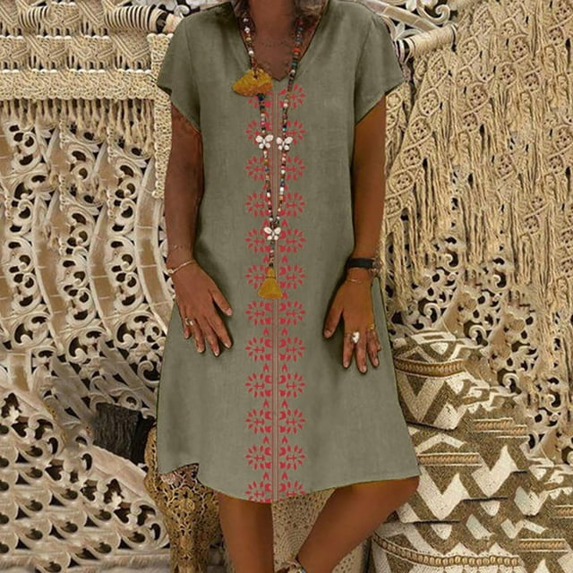 CHOK Robes pour Femmes 2022 Style d'Été pour Femmes Col en V Imprimé Coton et Lin Décontracté Grande Taille Robe pour Dames Robe Décontractée pour Femmes Noir + L