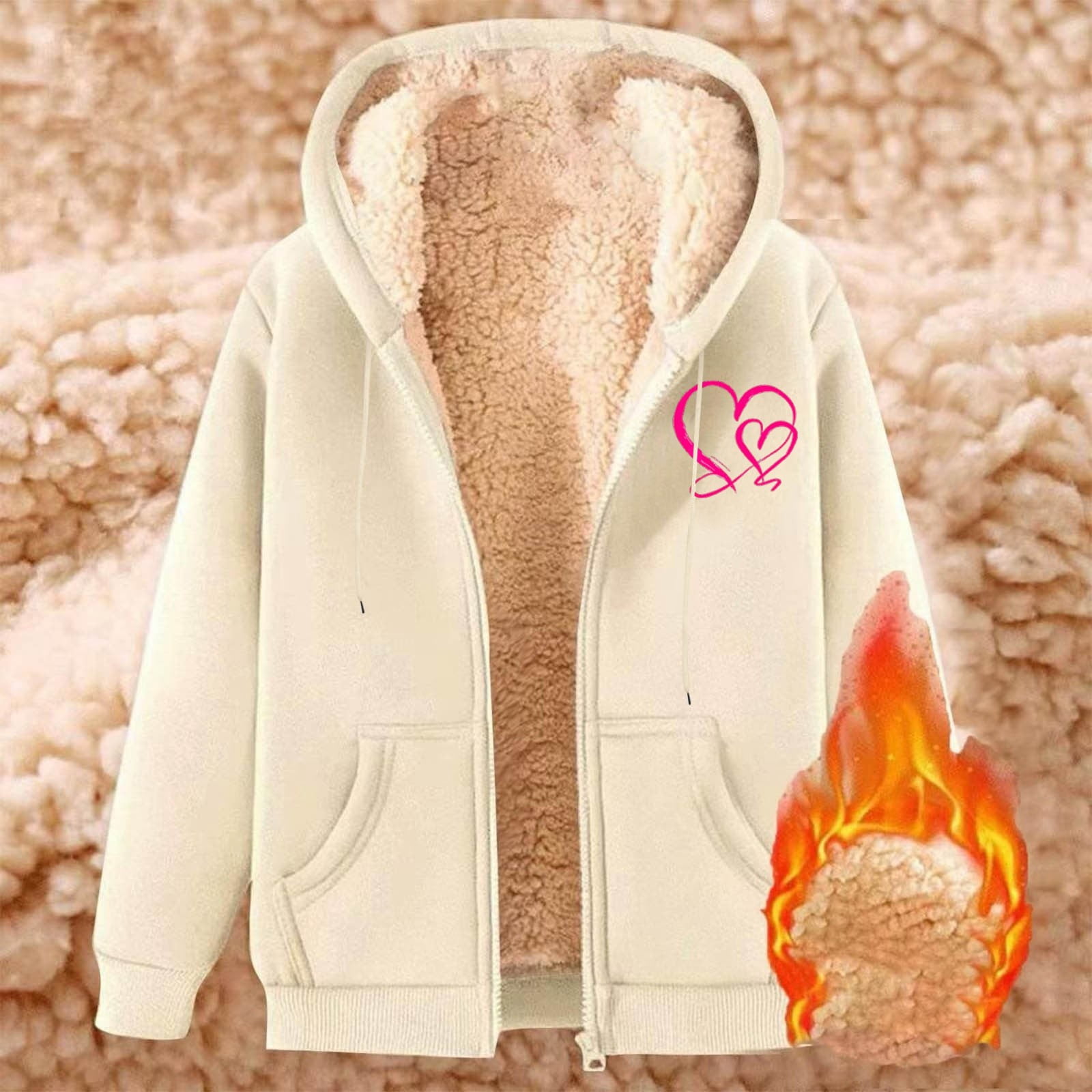 Jacket Women Heavyweight Jackets for Winter Warm Lined Hooded Open Front Coat Soft Cozy Outerwear with Pockets Womens Winter Coats Beige L - image 5