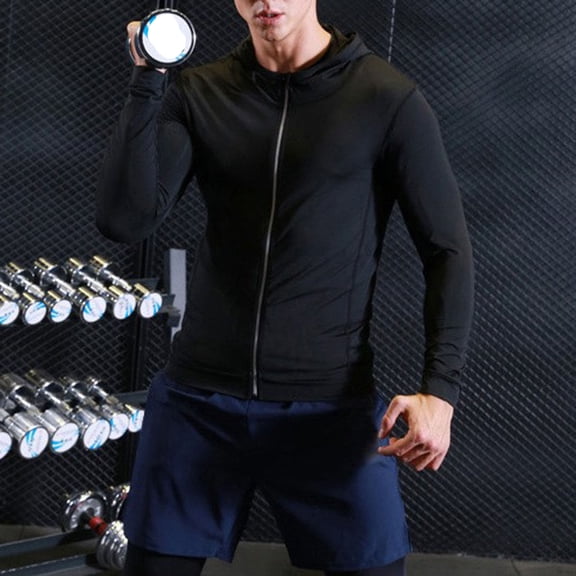 Betivan Men's Casual Sporty Fitted Elastic Hooded Jacket, Solid Color Long Sleeve Zipper Fitness Top
