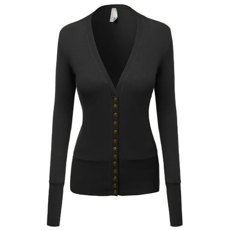 FashionOutfit Women's Solid Deep V-Neck Button Down Closure Cardigan