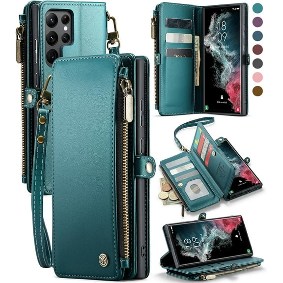 for Galaxy S22 Ultra Case, 【RFID Blocking】 for Samsung Galaxy S22 Ultra Case Wallet Women with Card Holder, Zipper Strap Magnetic Flip PU Leather Phone Case for Samsung S22 Ultra, Blue Green