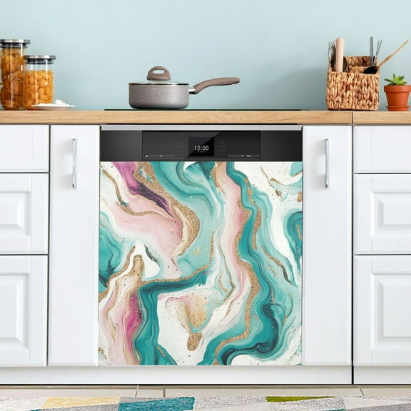 Dishwasher Sticker Dishwasher Cover Magnet Refrigerator Home Decorative Art Kitchen Panel Decal Teal Swirling Marble Pattern 23x26 Inch