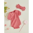 thumbnail image 3 of Nygoyerh Newborn Baby Girls 2PCS Summer Outfit 3M 6M 12M 18M Short Sleeve Crew Neck Ribbed Romper with Headband Set Infant Clothing, 3 of 7