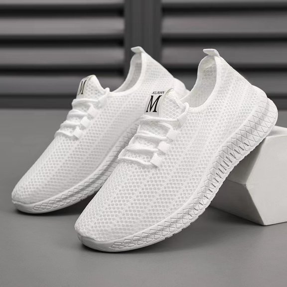 Men's White Hollow Mesh Slip-On Breathable Running Sneakers Elastic No-Tie Casual Shoes