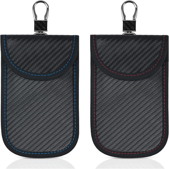 Faraday Bag for Key Fob 2 Pack Signal Blocking RFID Key Fob Protector Pouch Carbon Fiber Security Anti-Theft Car Key Pouch Cage for Car Keys Security Protection (Red Blue)