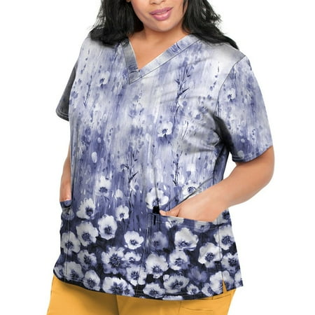 

Sksloeg Women s Plus Size Scrub Tops Comfortable V-Neck Tops Vintage Flower Printed Fit Scrub Clothes Short Sleeve Women Working Uniform Workwear with Pocket Light Purple XL