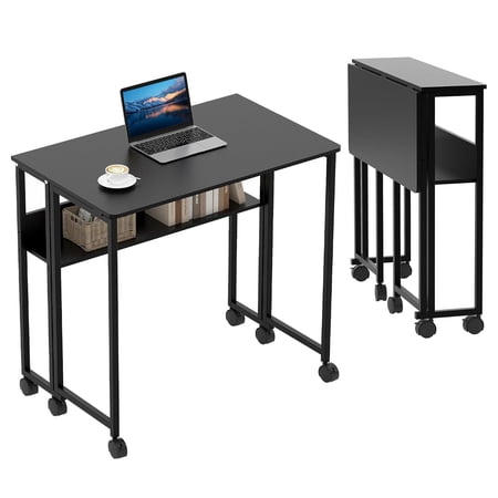 Mobile Folding Desk with Storage Shelf, 24.8 Inch Rolling Computer Table Space Saving Writing Desk for Home Office, Couch Side, Black