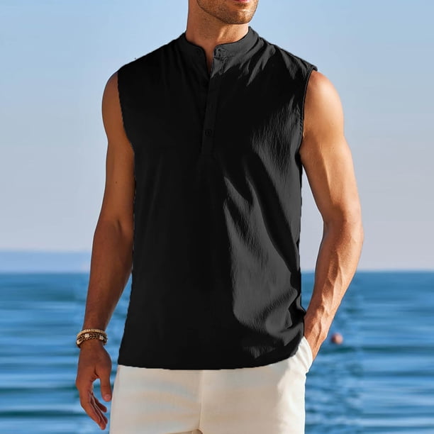 pstuiky Hombres Tanque, Camisa de verano sin mangas con botones y cuello alto para hombre Chaleco para hombre xxl
