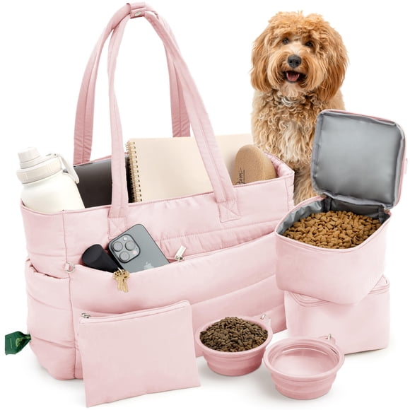 Bolso de viaje para perros rubyloo Puffer Tote con comederos rosa