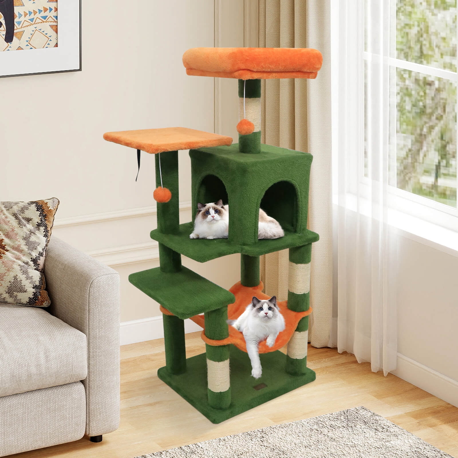 Costway 44” Tall Multi-level Cat Tree, Modern Cat Tower with 2-Entrance Large Cat Condo Green Orange