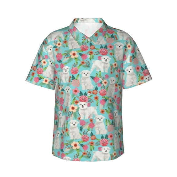 Maltese Dogs Rose Flower Floral Men'S 3d Print Casual Button Down Shirts, Novelty Hawaiian Short Sleeves S