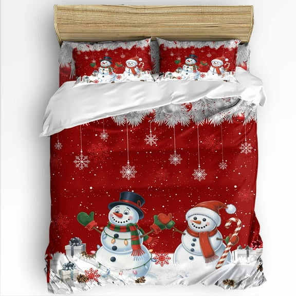 Christmas Queen Size Comforter Set, Red Snowman White Snowflakes Pine Leaf Xmas Box Soft Bedding for All Seasons, 4 Pcs Bed Set with 1Comforter (90"x92") ,1 Sheet(94"x116"), 2 Pillowcases (19"x29")