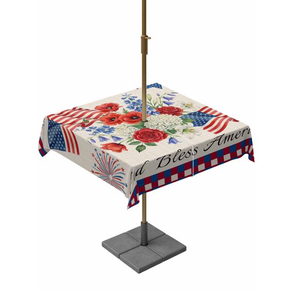 Outdoor Tablecloth with Umbrella Hole for Patio/Picnic/Party/Camping, 250th Anniversary Floral Waterproof Table Cloth Square Cover Washable, Red Blue Stars 4th of July Rustic (54"x 54")
