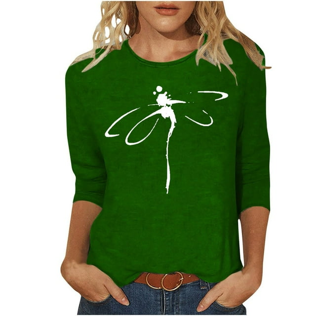 CHOK T-Shirt d'Été à Manches 3/4 Décontracté Motif Libellule pour Femmes Manches Trois-Quarts Chandail Col Rond T-Shirts Unis Tunique Élégante Confortable Marron TTG