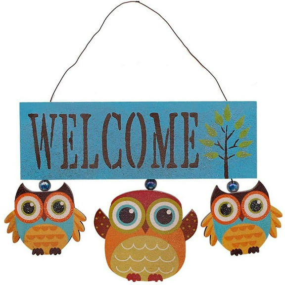 Wooden Owl Welcome Sign Front Door Decor Hanging Wall Art 12x7.75inch Decorative Hanging Sign (Blue)