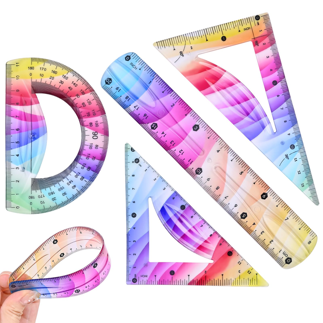 Ensemble de 4 Règles Flexibles, Kit de Géométrie Colorée, Règles Souples Incassables et Pliables, Règle Claire (20 cm/8 Pouce), Règles Triangulaires & Protracteur pour Fournitures de Rentrée, Mesure, Dessin