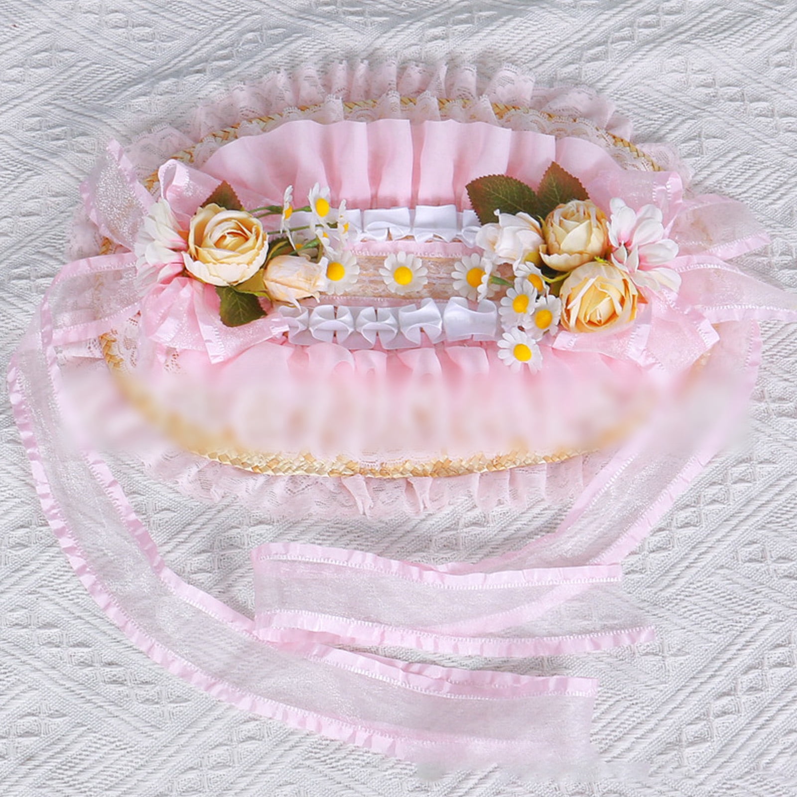Victorian Lace Designs Straw Bonnet Hat For Women With Ruffled Trim and Rose Flower For Cocktail Party And Cosplay Event