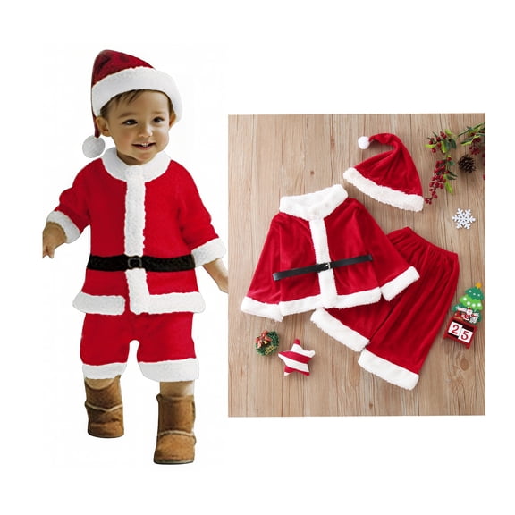Santa Outfit Toddler Boy Long Sleeve Tops Pants Hat Belt Toddler Xmas Santa Suit Sets Christmas Outfit Toddler Girl Festive Dress Outfit 18-24 Months