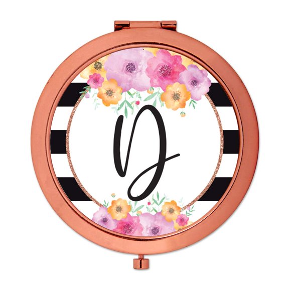 Koyal Wholesale Compact Mirror Bridesmaid's Wedding Gift, Rose Gold, Monogram Letter D, Modern Black White Stripes