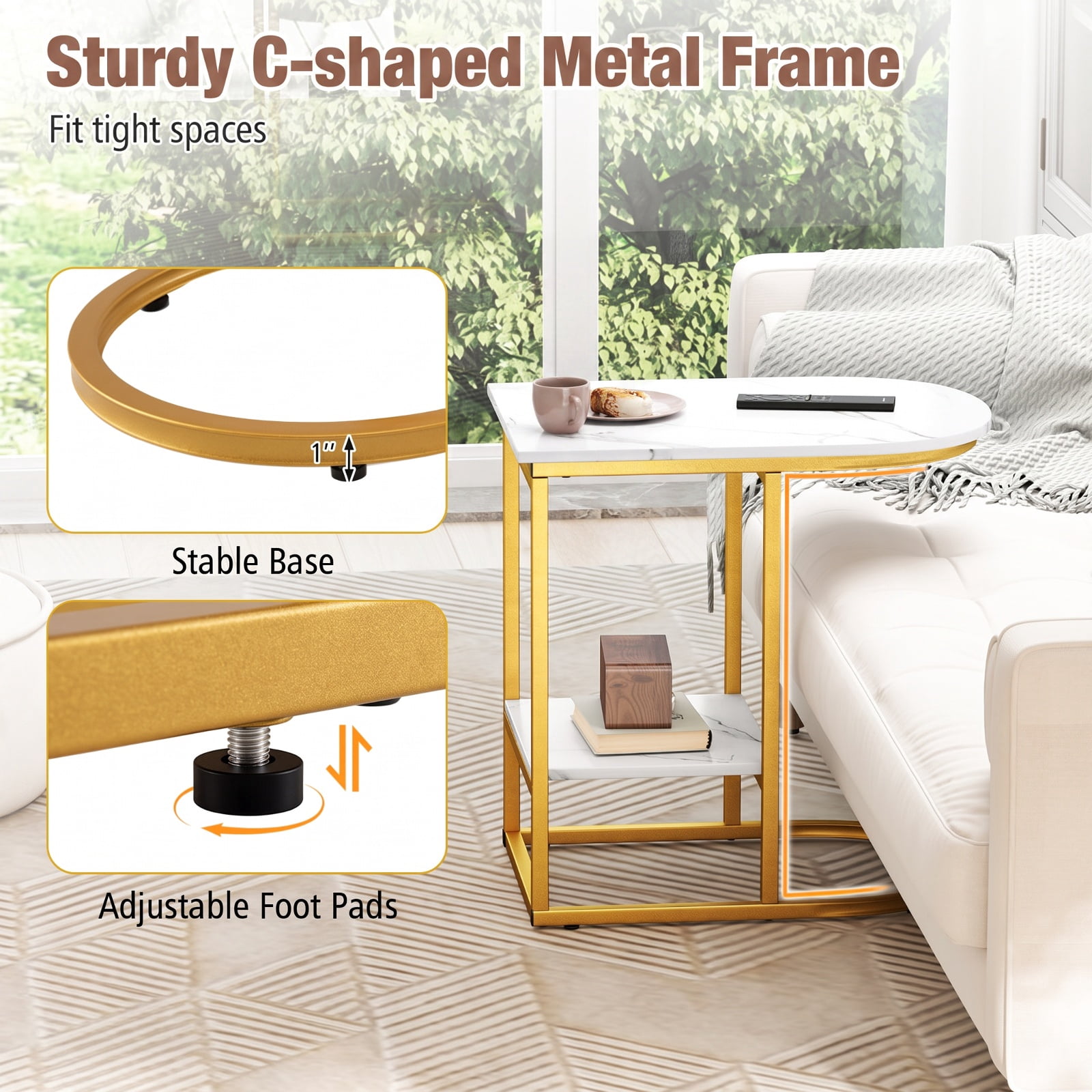 Furnibear C Shaped Modern Sofa Side Table with Faux Marble Tabletop and Two Tier Storage Shelf for Living Room Bedroom and Lounge, White