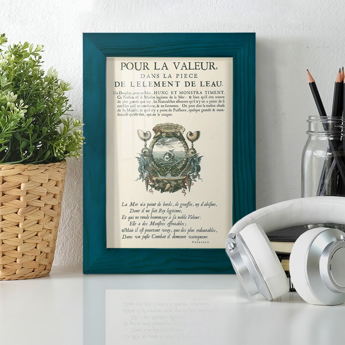 Printed Embellished Bookplate VII - Framed Print w/glass - Ocean Blue