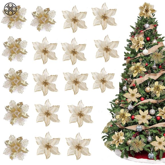 Luxtrada 18Pcs Christmas Poinsettia 2 Design Glitter Artificial Flower Winter Party Supplies Christmas Flowers for Xmas Tree Ornament Wedding Birthday Wreath Decoration