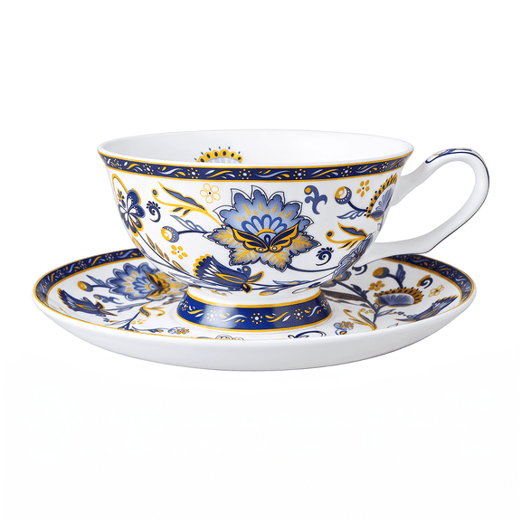 LanHong 7 Ounces Tea Cup and Saucer Set Floral Coffee Cup with Saucer Bone China Teacup and Saucer Set Gift for Mom Friend Tea Party (Blue 2)