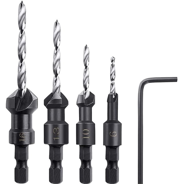 Whataatahia Avellanadores de Nogal, 4 Piezas Brocas avellanadoras cónicas Hexagonales con una Llave pequeña, avellanadores de Madera cónicos Adecuado para Paneles de Madera o plástico