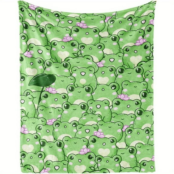Cozy Green Frog Flannel Throw Blanket – Soft, Reversible Cartoon Frog Design with Pink Hearts & Lilies, Lightweight , Perfect for Home, Office, or Gift